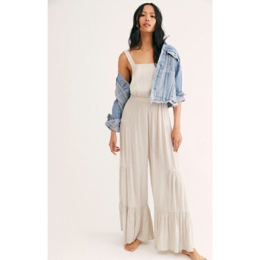 NWT FREE PEOPLE ENDLESS SUMMER Sz L SELFIE WORTHY TIERED JUMPSUIT IN STONE